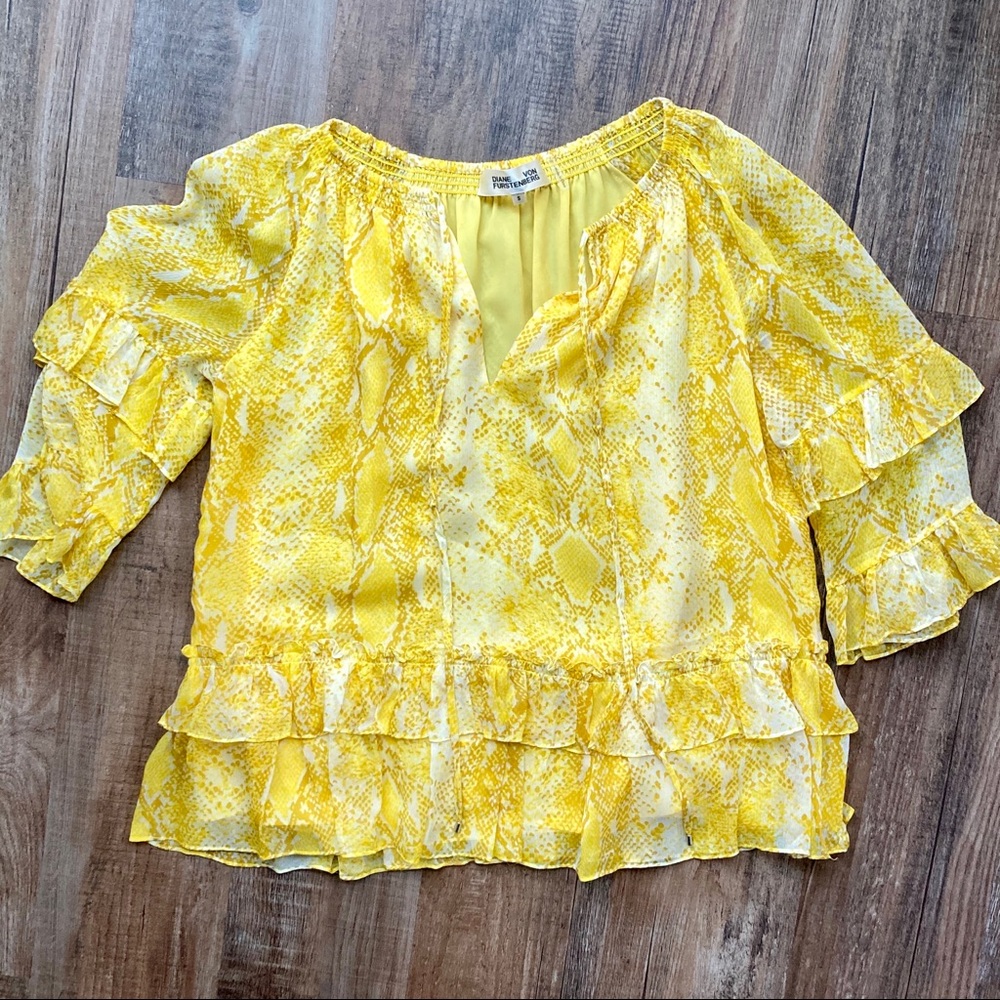 DVF Annabel Python Gold Silk Ruffle Blouse - Picture 3 of 5
